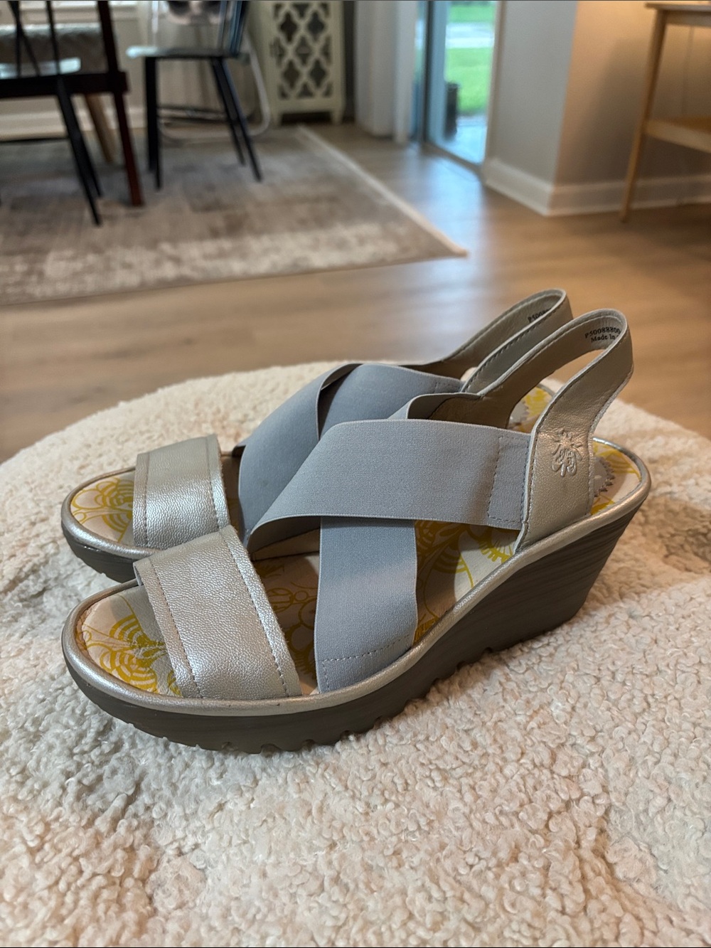 Fly London Yaji cross strap open toe wedge platform sandals silver metallic 39 8